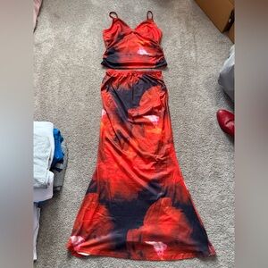 Red and Black Floral Skirt Set